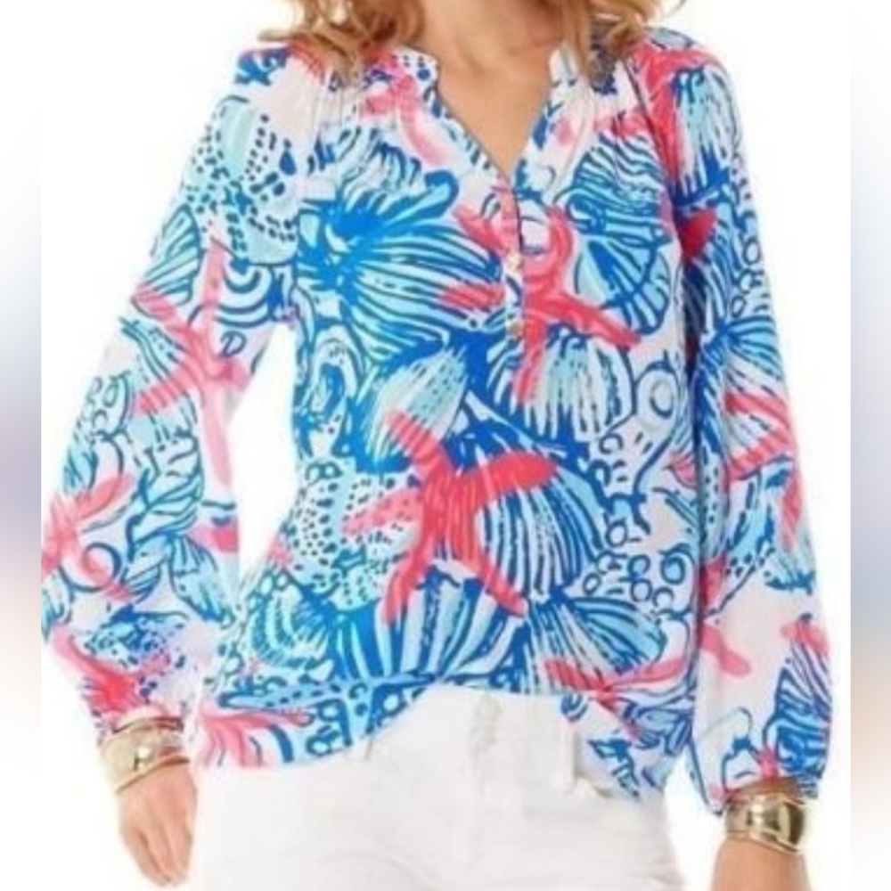 Lilly Pulitzer 100% Silk Blue & Pink Tropical Printed Top Size Medium